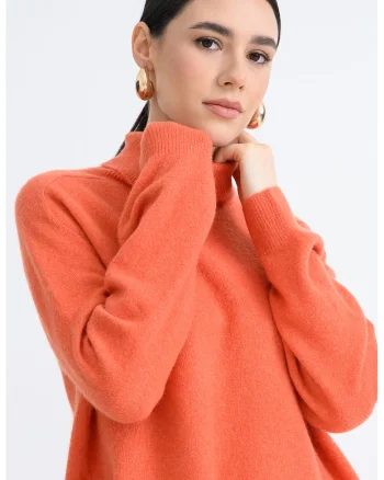 Pulover lejer uni cu guler inalt, Portocaliu mandarina