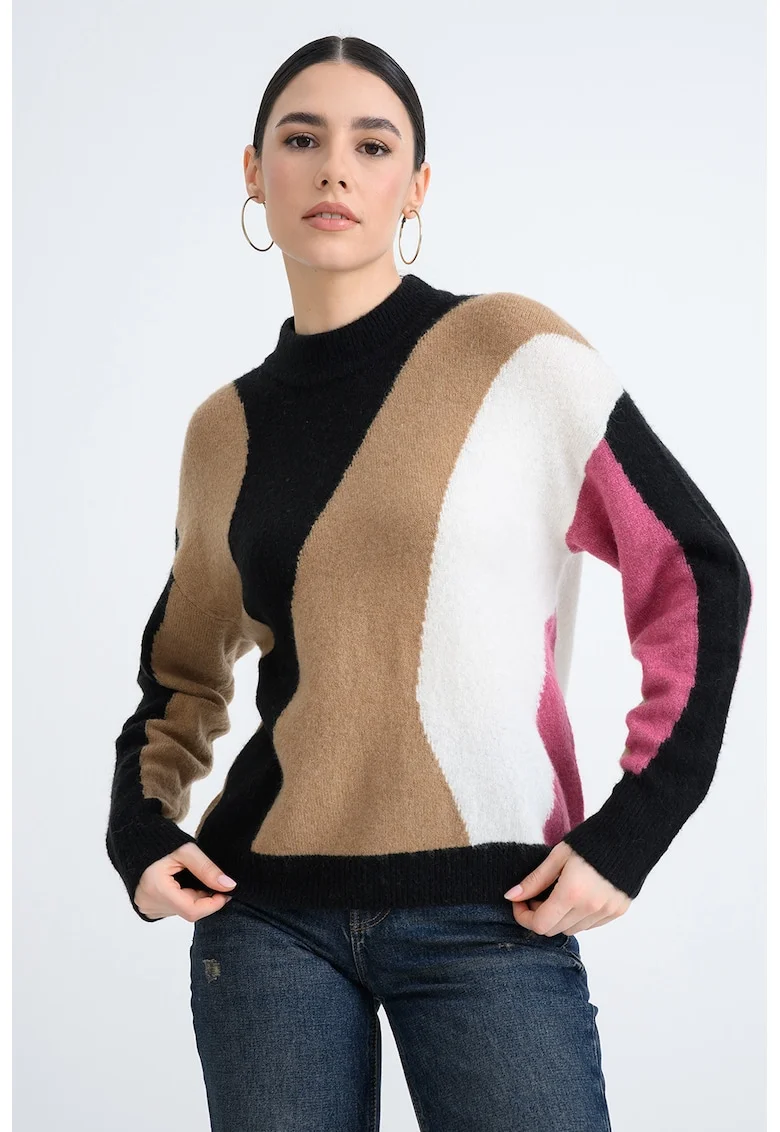 Pulover regular fit cu decolteu la baza gatului, Negru/Fucsia/Caramel