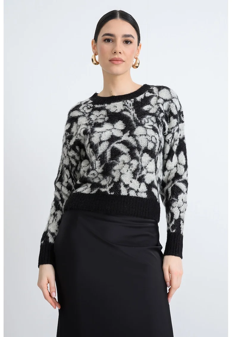 Pulover tricotat cu imprimeu floral, Negru/Alb murdar