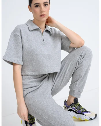 Tricou polo crop Ben, Gri melange