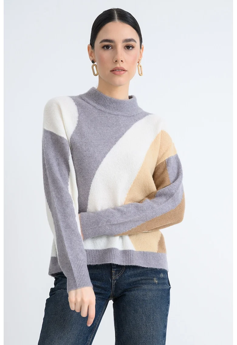 Pulover regular fit cu decolteu la baza gatului, Gri carbune/Maro deschis/Alb murdar