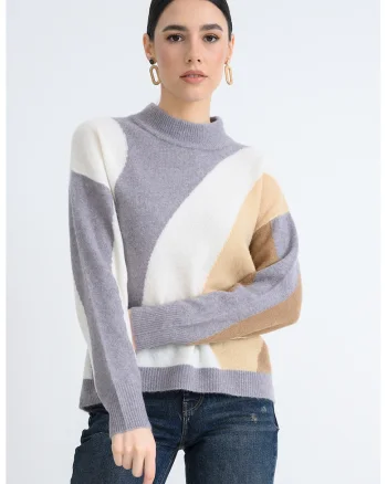 Pulover regular fit cu decolteu la baza gatului, Gri carbune/Maro deschis/Alb murdar