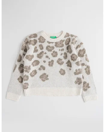 Pulover tricotat cu animal print, Kaki inchis/Alb murdar