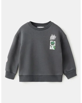 Bluza de trening din amestec de bumbac cu model grafic si imprimeu text, Verde/Gri antracit