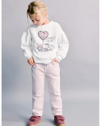 Bluza de trening cu imprimeu Hello Kitty, Alb/Roz prafuit