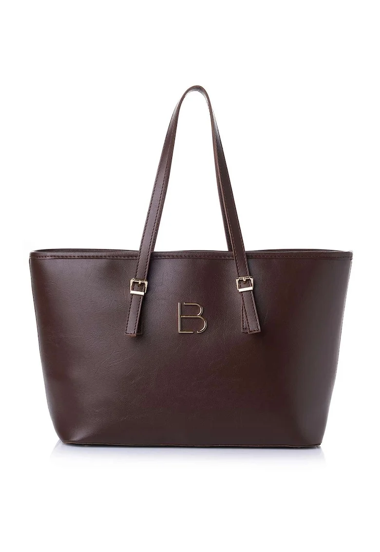 Geanta shopper  din piele ecologică cu logo metalic, Maro inchis, 25 x 42 x 15 cm