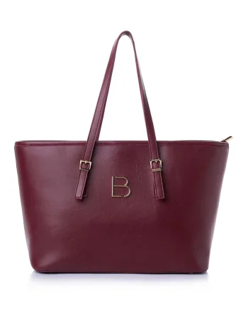 Geanta shopper  din piele ecologică cu logo metalic, Visiniu, 25 x 42 x 15 cm