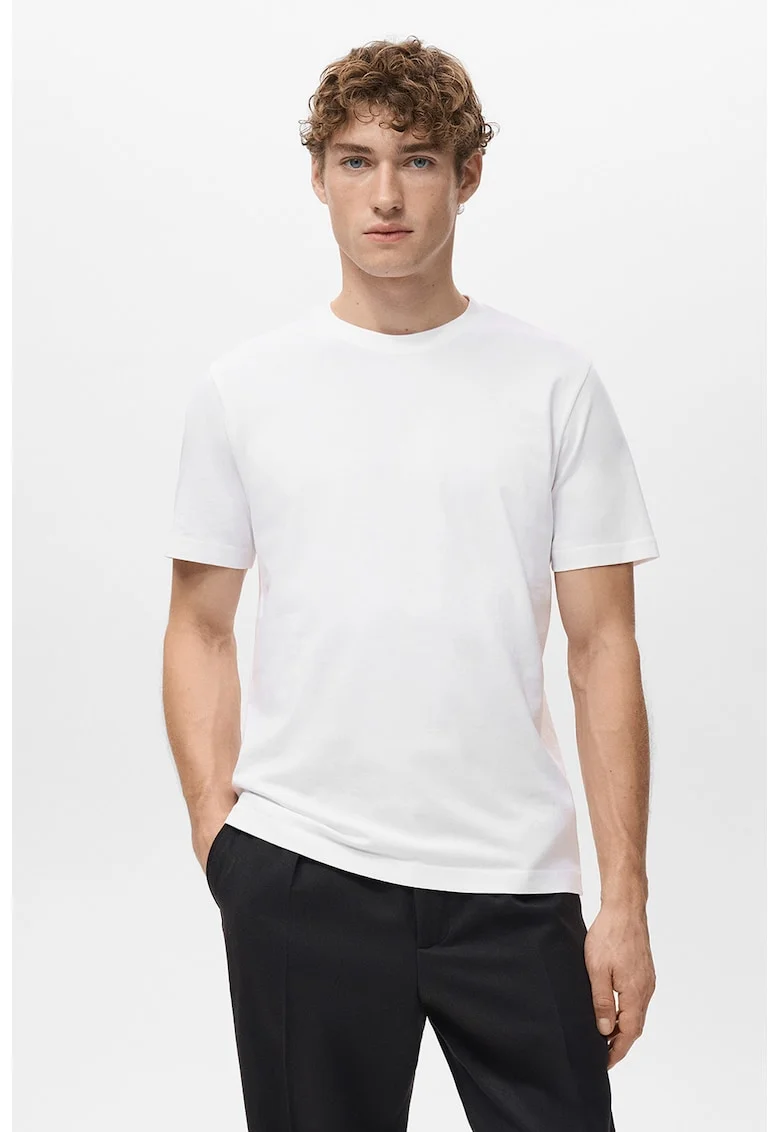 Tricou slim-fit din bumbac cu decolteu la baza gatului, Alb optic