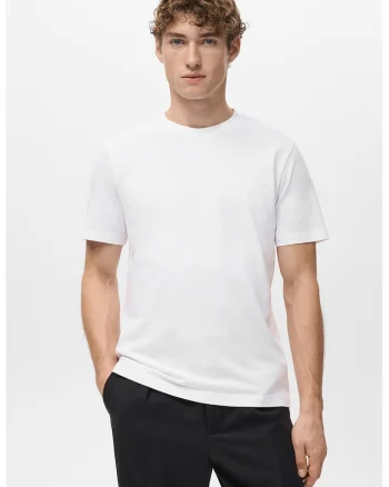 Tricou slim-fit din bumbac cu decolteu la baza gatului, Alb optic
