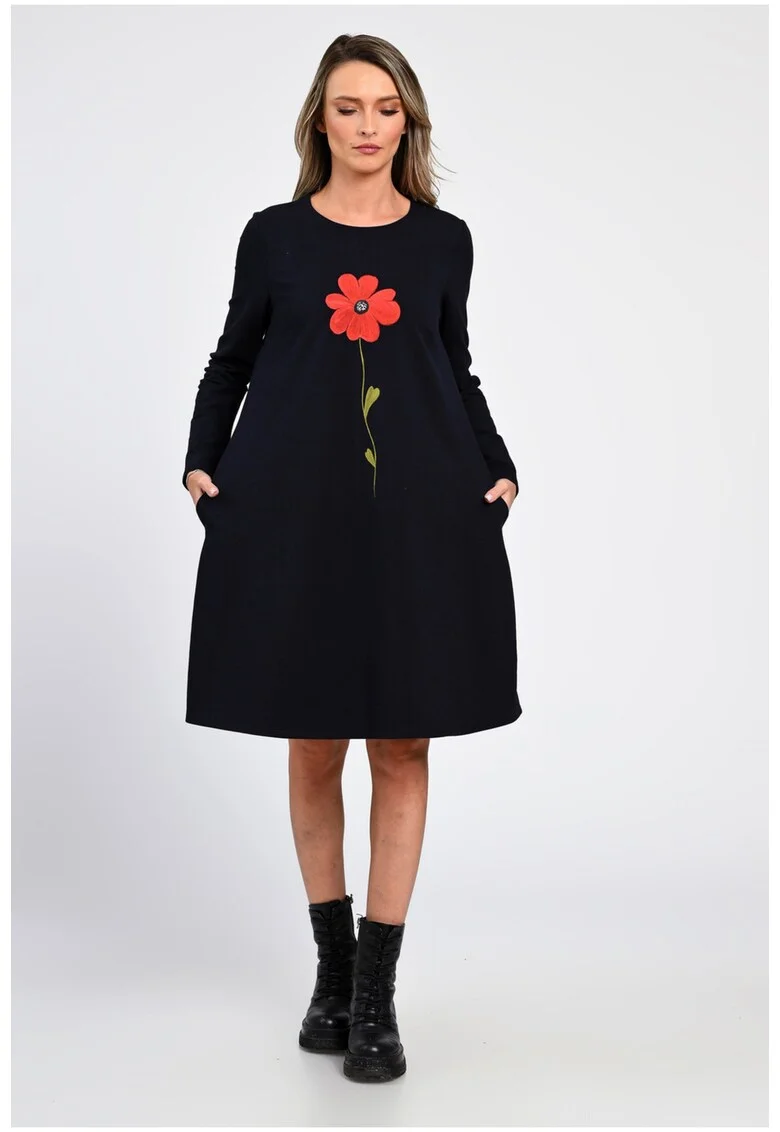 Rochie Dama,  A-Line, cu Buzunare Laterale si Pictura Realizata Manual V364, Bleumarin