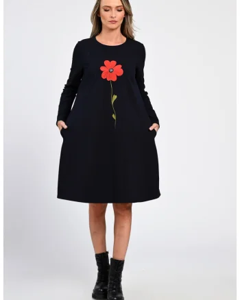 Rochie Dama,  A-Line, cu Buzunare Laterale si Pictura Realizata Manual V364, Bleumarin