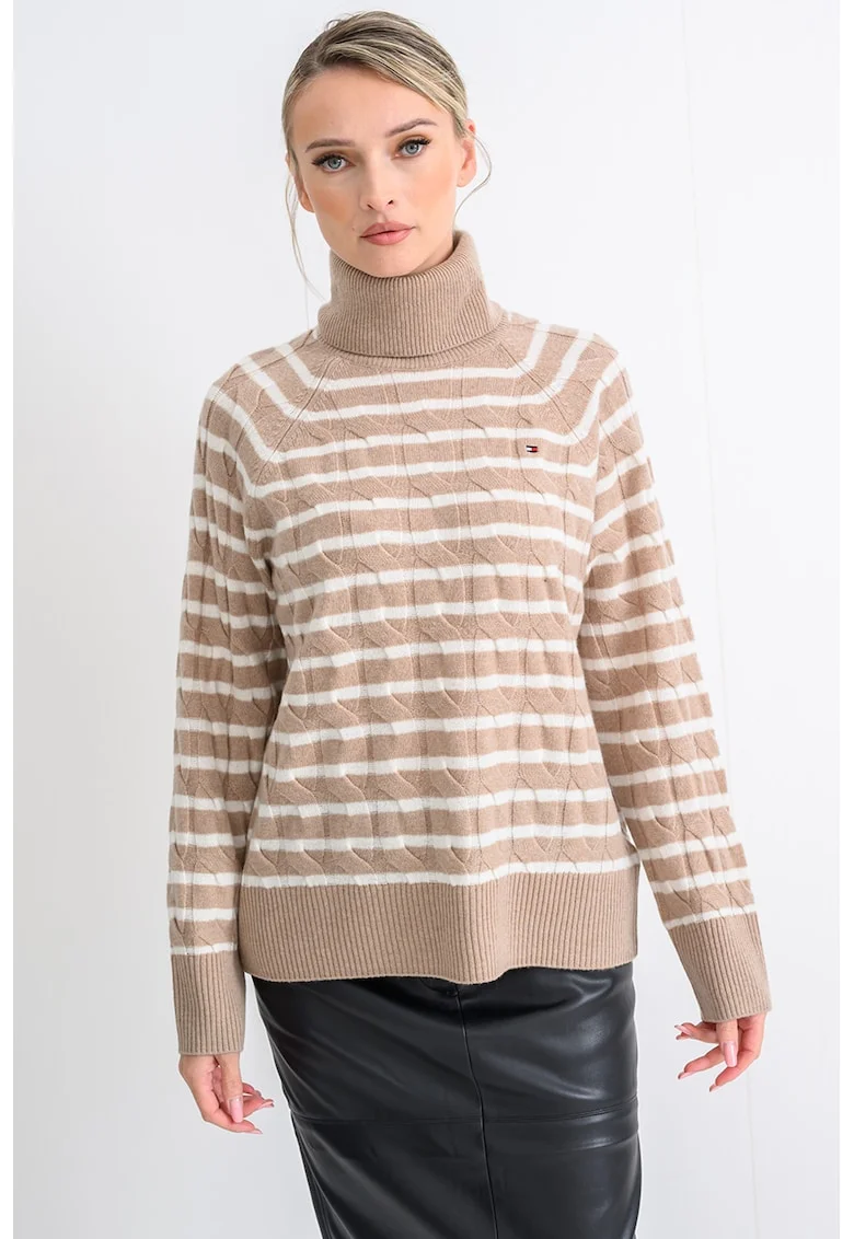 Pulover din lana cu guler inalt si model torsade, Alb/Maro deschis
