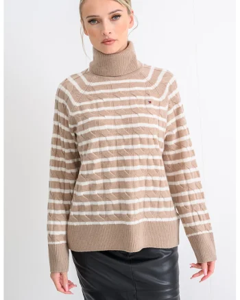 Pulover din lana cu guler inalt si model torsade, Alb/Maro deschis