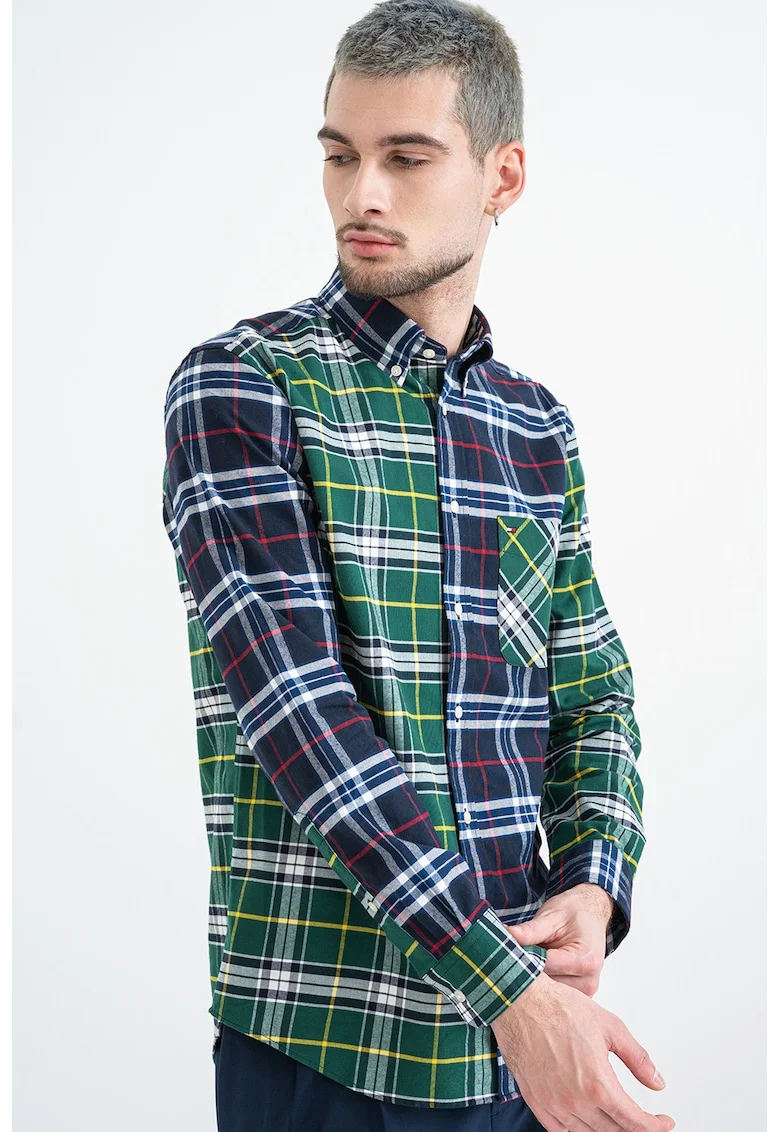 Camasa din bumbac cu model in carouri, Alb/Galben/Verde inchis