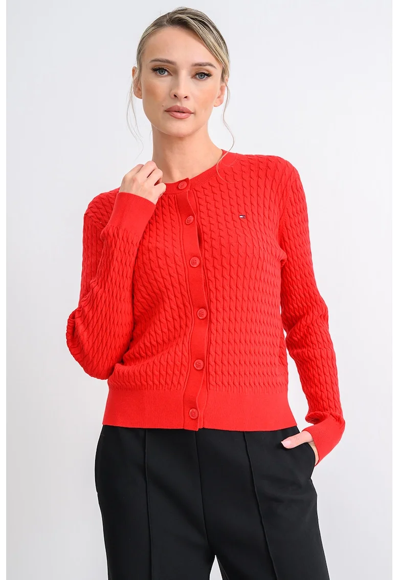 Cardigan din bumbac organic cu design torsade si nasturi, Rosu