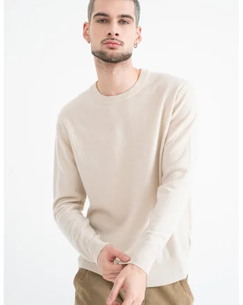 Pulover din casmir cu decolteu rotund, Crem