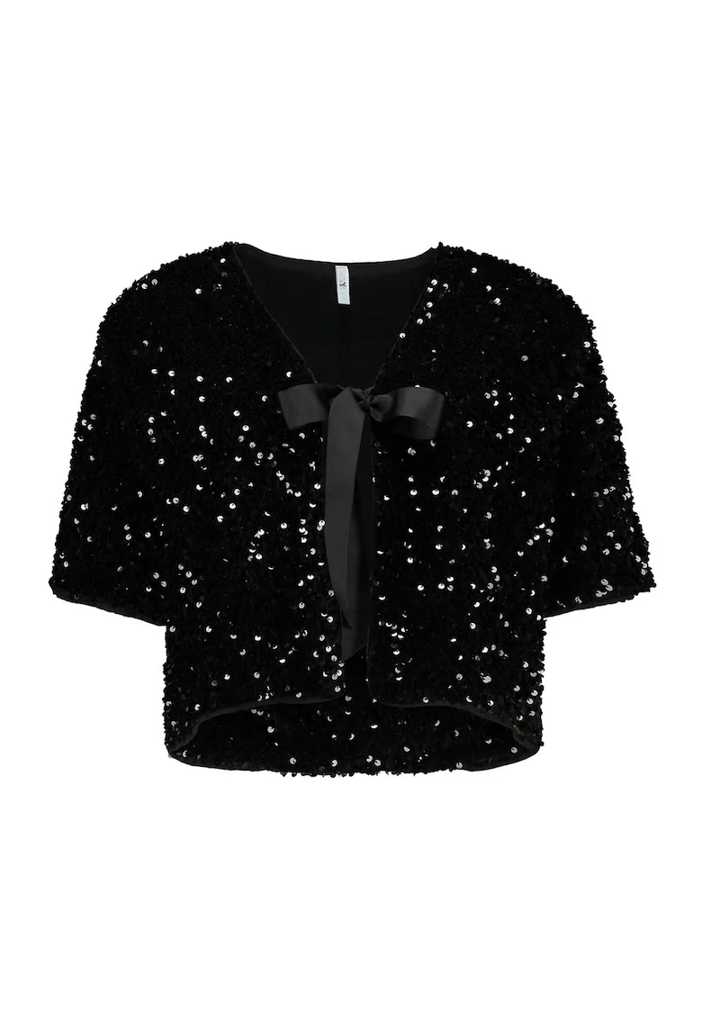 Bluza cu aplicatii cu paiete si aspect stralucitor, Negru/Argintiu