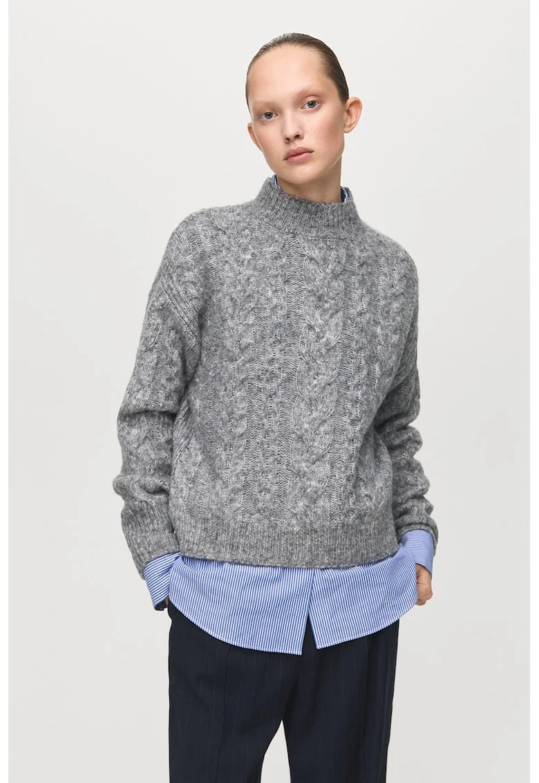 Pulover din amestec de lana cu model torsade, Gri melange