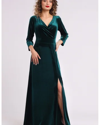 Rochie lunga din catifea cu slit lateral, Verde inchis