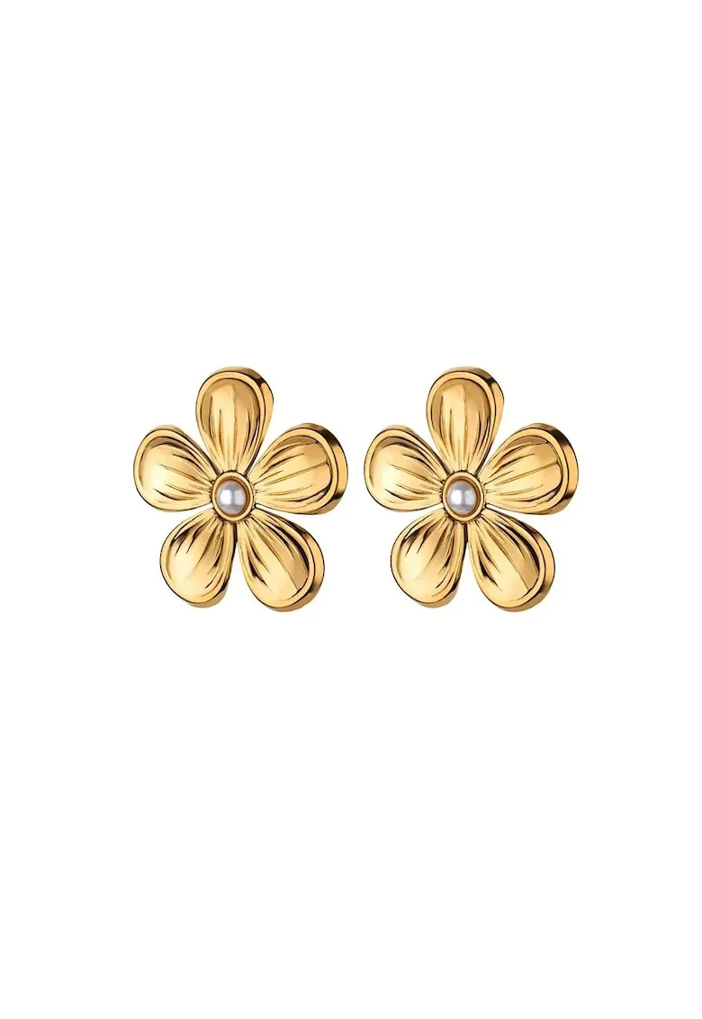 Cercei aurii, din otel inoxidabil, forma de floare, cu perlute, suflati cu aur 18k, Derek C5, Auriu