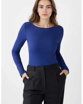 Bluza slim-fit cu decolteu rotund, Albastru royal