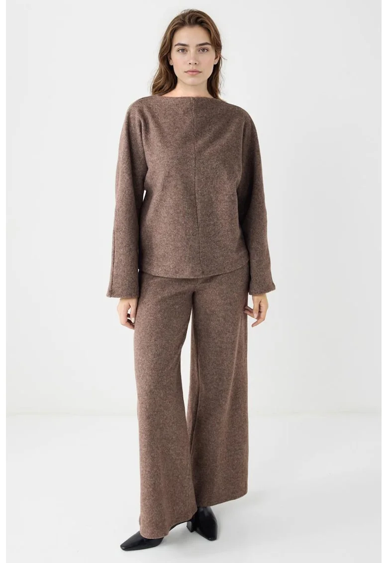 Pantaloni ampli cu talie medie, Maro melange