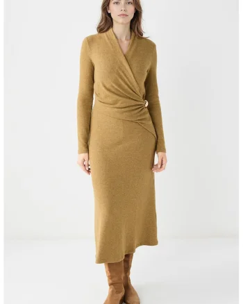Rochie din tricot cu decolteu cache-coeur, Galben mustar