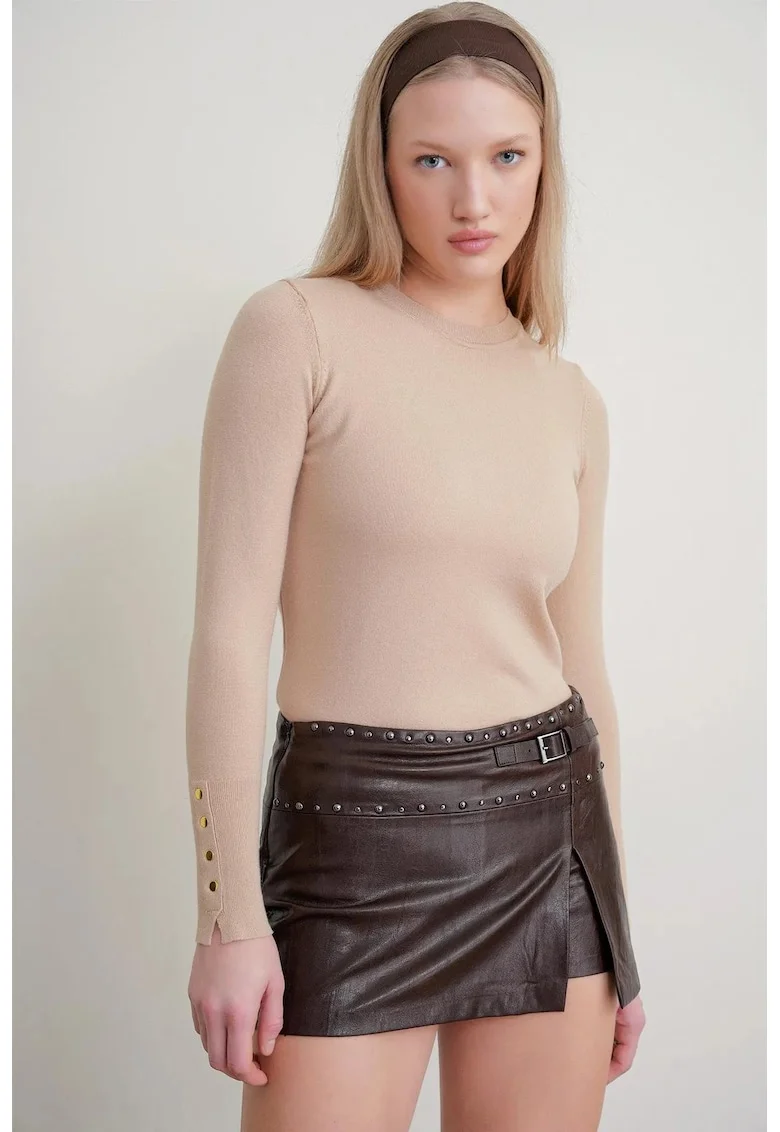 Pulover dama,  Slim Fit, guler rotund, Tan Natural, tricotat