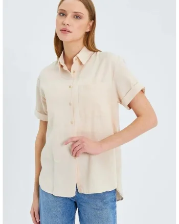 Camasa dama,  din poplin slim fit, buzunar, Stone Natural, textil
