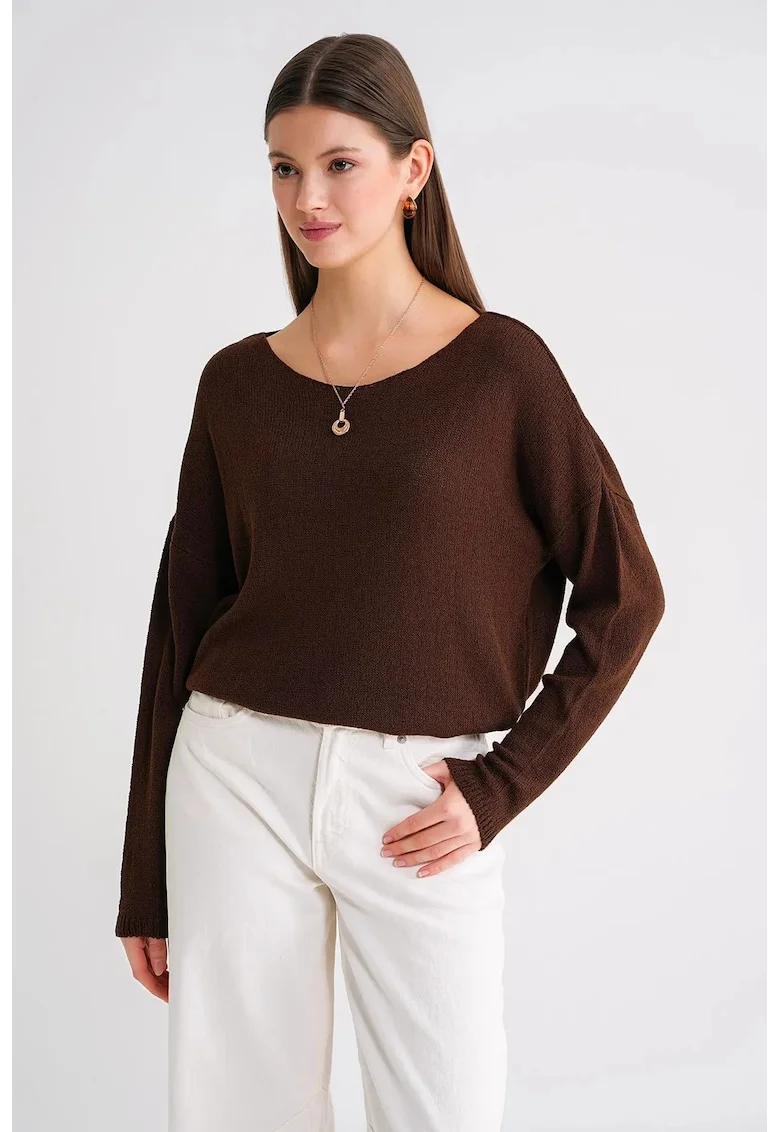 Pulover tricotat,  supradimensionat, umeri cazuti, maro cafea, One Size