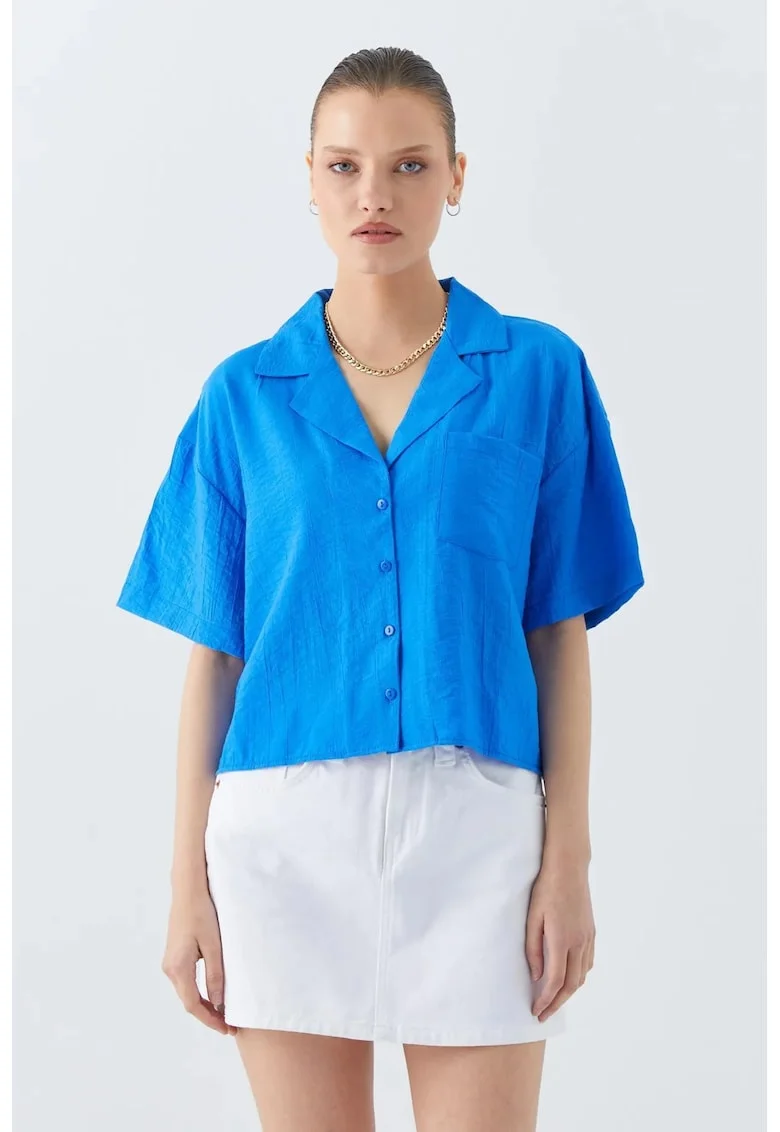 Camasa scurta  croiala lejera, albastru cobalt, textil
