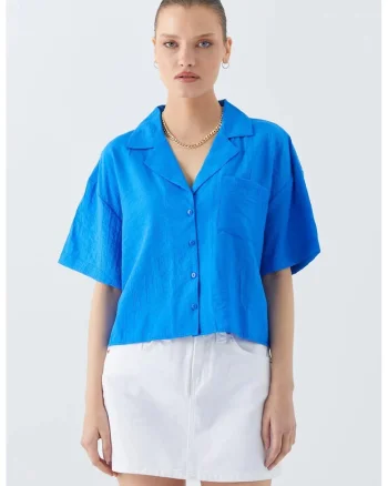 Camasa scurta  croiala lejera, albastru cobalt, textil