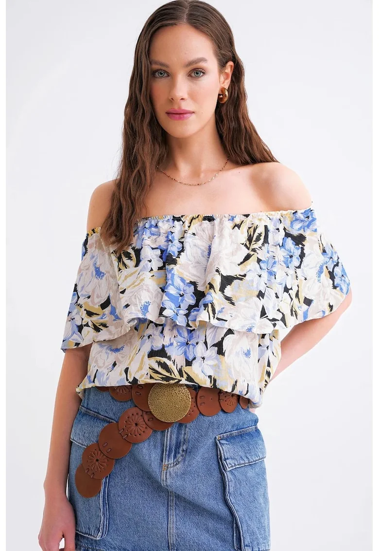 Tricou dama,  imprimeu floral, umeri goi, albastru-bej, textil