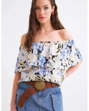 Tricou dama,  imprimeu floral, umeri goi, albastru-bej, textil