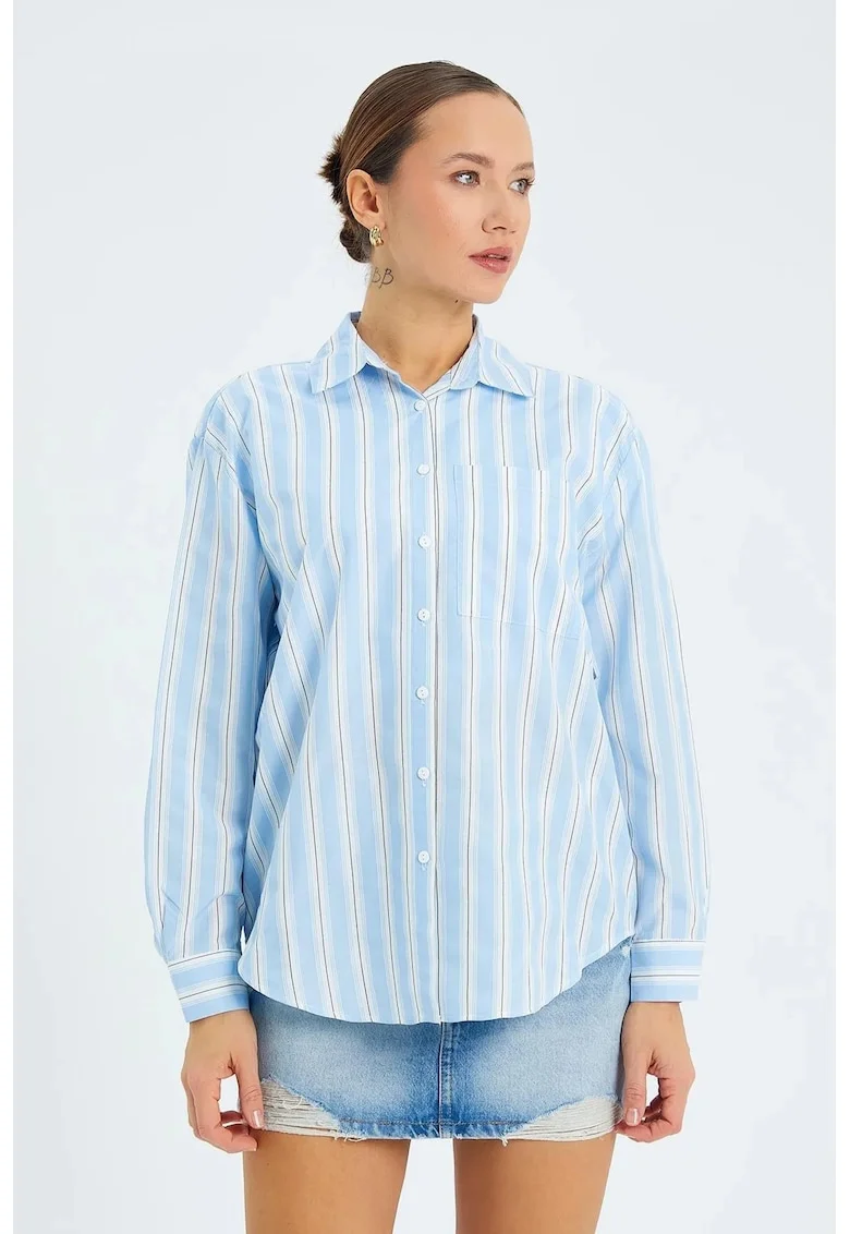 Camasa dama,  camasa din poplin cu dungi, croiala lejera, albastru maya, textil