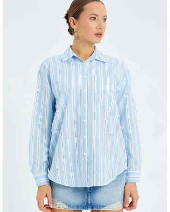 Camasa dama,  camasa din poplin cu dungi, croiala lejera, albastru maya, textil