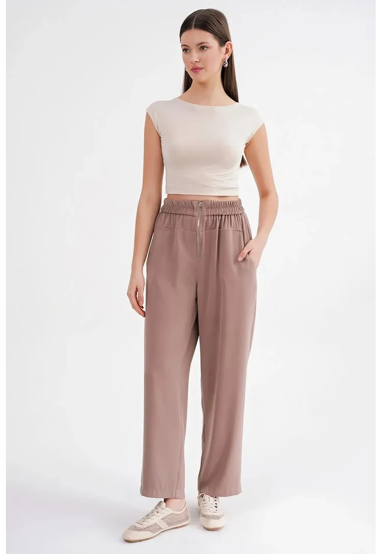 Pantaloni dama,  jogger tigara, snur in talie, maro mocha, textil