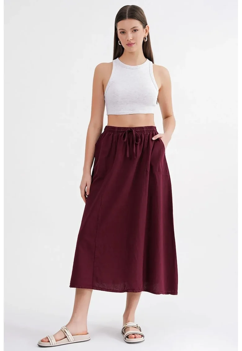 Fusta  cu talie inalta, detaliu snur, rosu burgund, textil