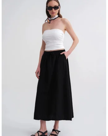 Fusta,  talie inalta, detaliu cu snur, negru, textil