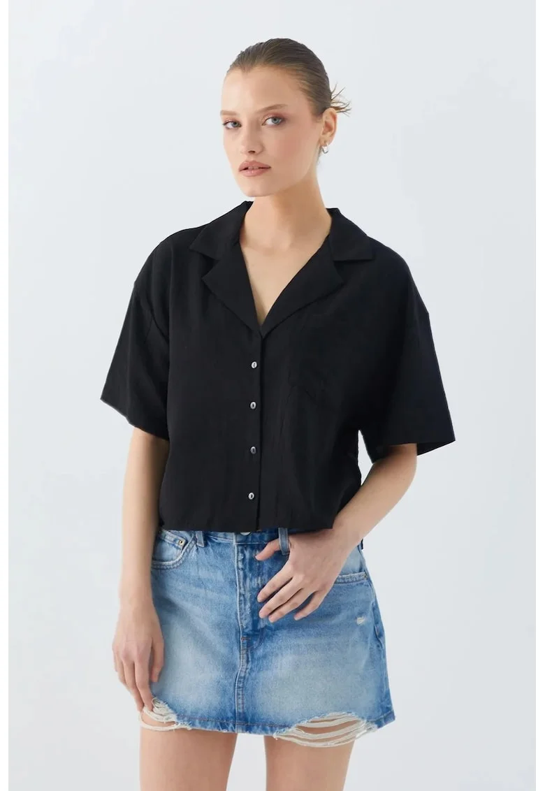 Camasa dama,  camasa scurta cu nasturi si buzunar, negru, textil