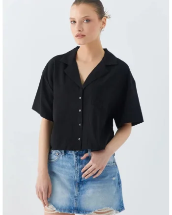Camasa dama,  camasa scurta cu nasturi si buzunar, negru, textil