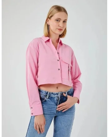 Camasa dama,  camasa scurta, roz magenta, detaliu buzunar