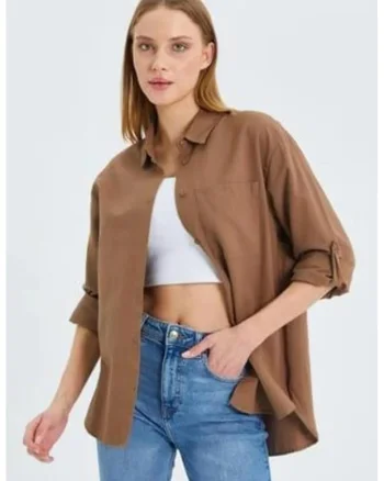 Camasa dama,  cu maneca lunga, buzunar, bej natural, textil