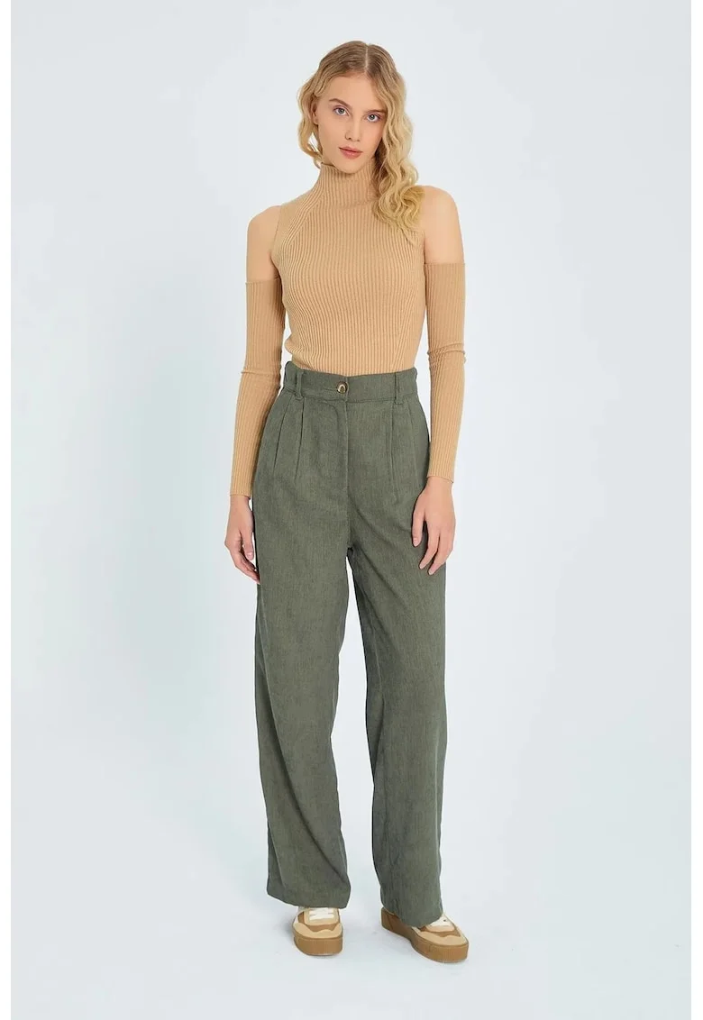 Pantaloni dama,  catifea, talie inalta, croiala dreapta, catifea, verde kaki,