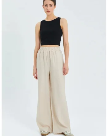 Pantaloni dama,  talie inalta, picior larg, textil, bej natural