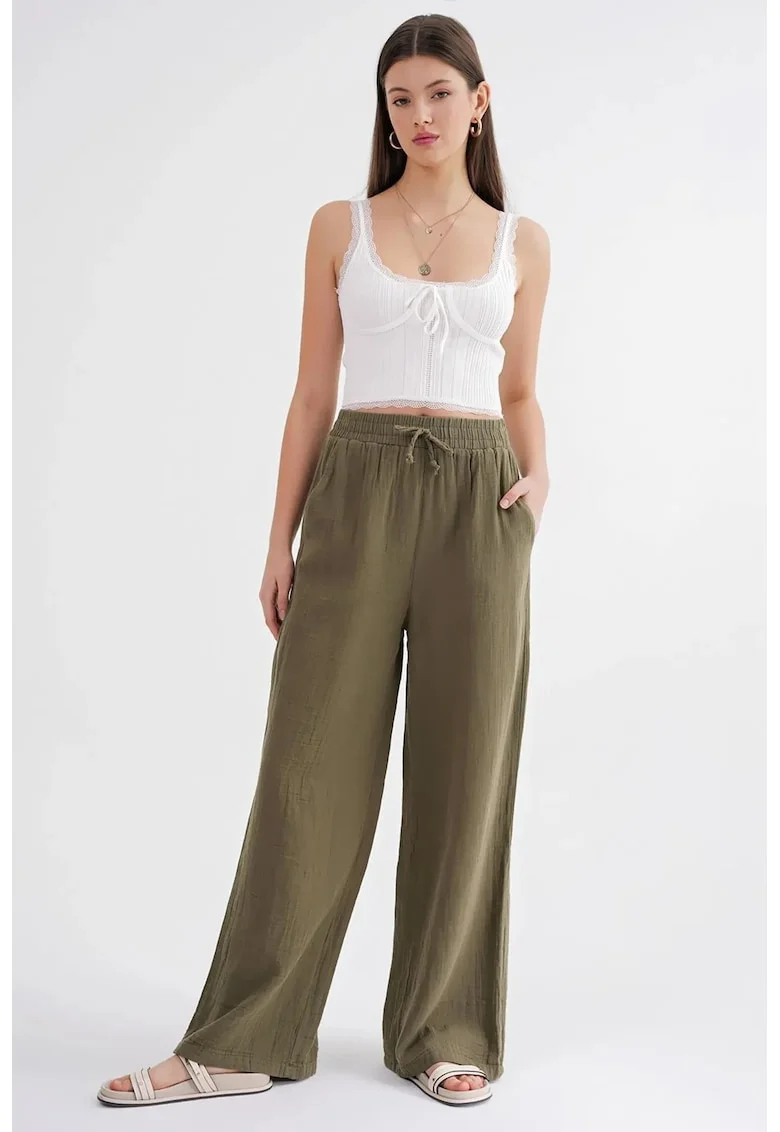 Pantaloni dama,  talie inalta, textil, verde kaki, muselina texturata