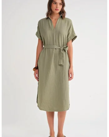 Rochie midi  verde, cu maneca scurta, textil