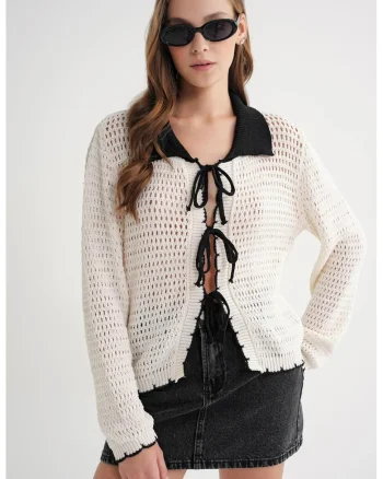Cardigan tricotat,  guler contrastant, detaliu cu siret, natural, tricot,