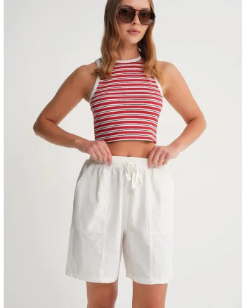Pantaloni scurti dama,  talie inalta, snur, alb, bumbac