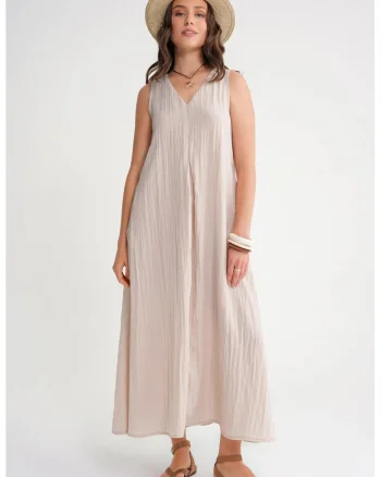 Rochie Maxi,  decolteu in V, Stone Natural, textil